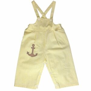 Penneys Vintage Seersucker Overalls Kids Size 1.5 Yellow White Anchor Deadstock